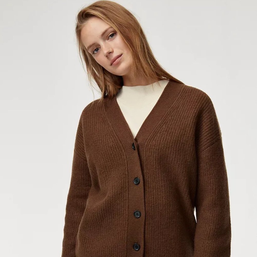 Aritzia Wilfred Free Lovisa Brown 100% Merino Wool Front-Button Cardigan